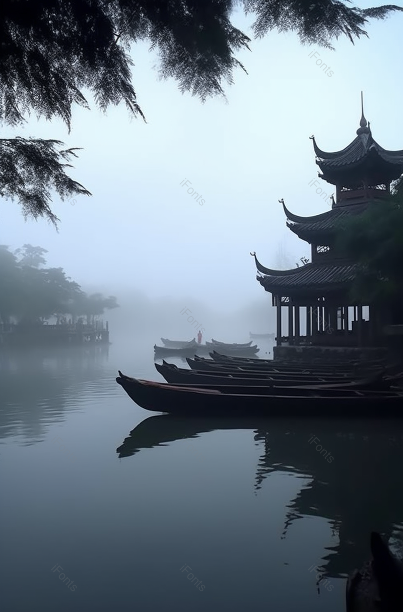 清晨浓雾湖面建筑凉亭摄影图,高清,摄影图,摄影图片,图片大全,摄影图免费下载